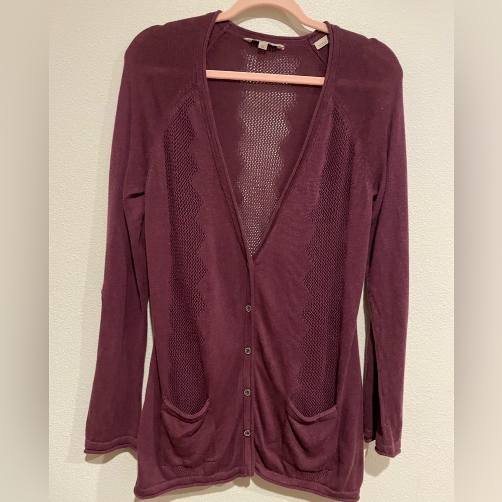 Plum luxury Royal Robbins cardigan with buttons. Optional tab sleeves. S…